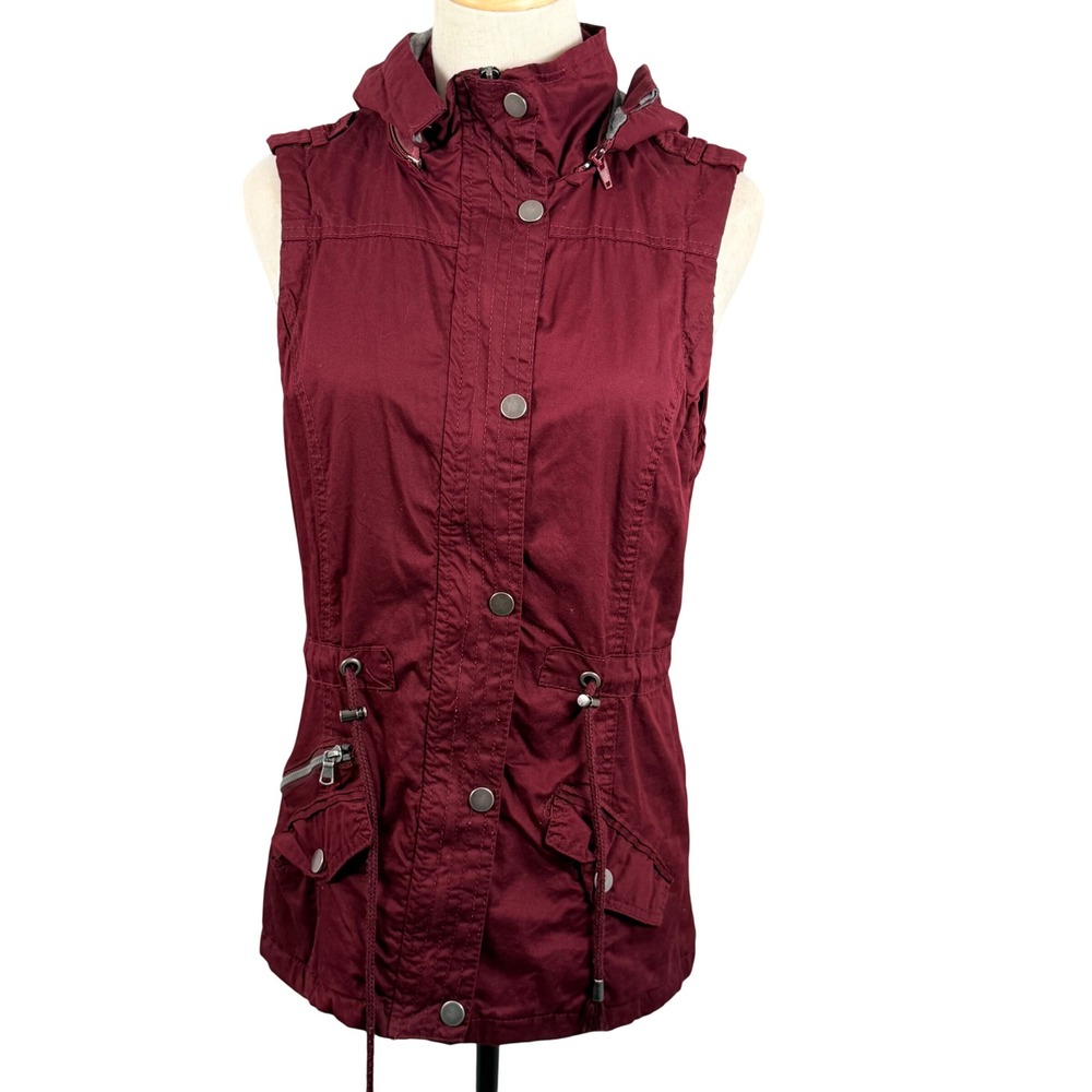 YMI Womens M Utility Vest Burgundy Hooded Drawstring Waist‎ V1460 Gorpcore Cargo